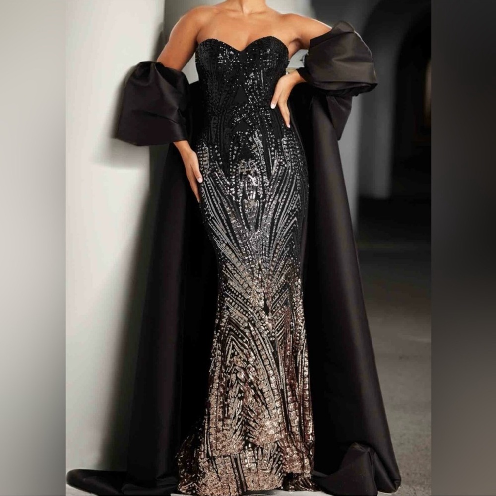 Jovani Black and Silver Sequin Strapless Gown
